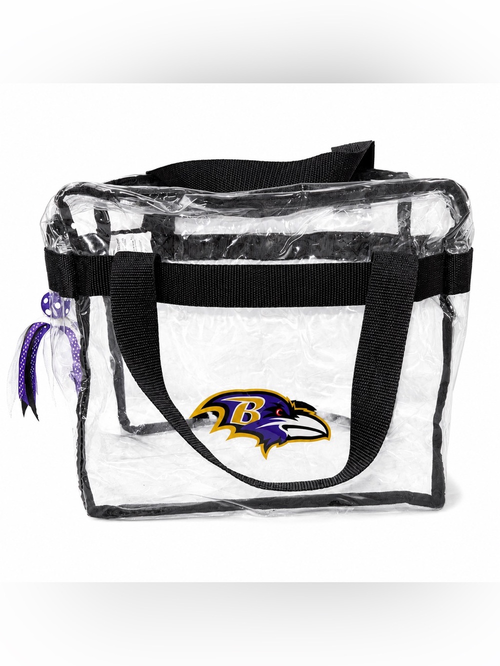 Clear StadiumTote Bag with Black Trim and Baltimore Ravens Bag Charm 11x5.5